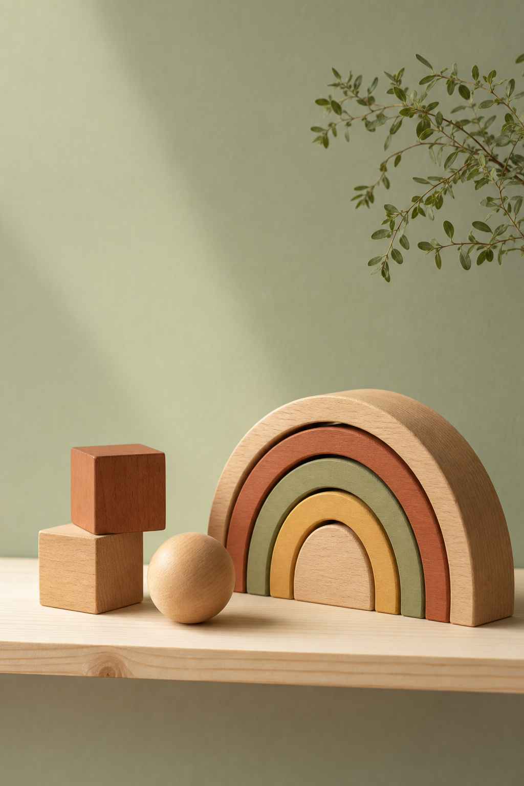 Handgefertigter Stapelregenbogen und Bauklötze aus Holz