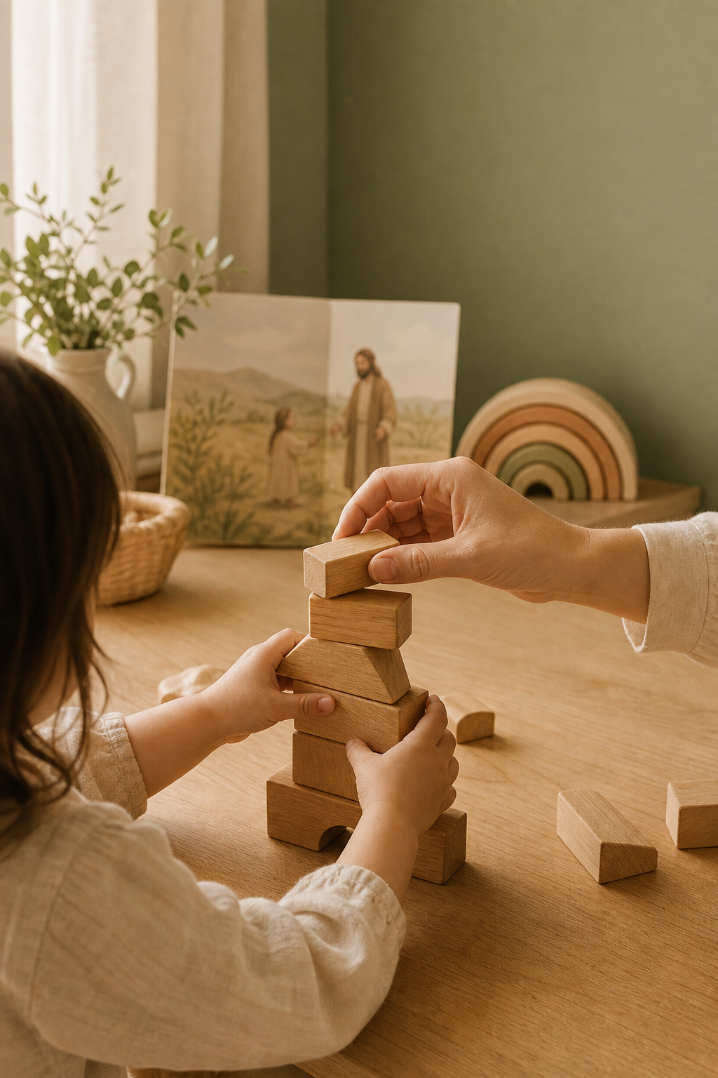 Ein Elternteil und ein Kind bauen gemeinsam mit Holzklötzen